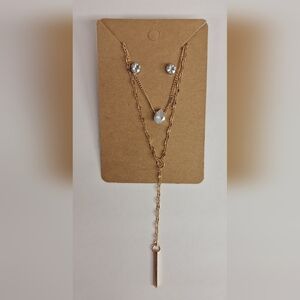 Gold Tone Layered Necklace & Earrings Set Costume Jewelry Teardrop Pendant Bar